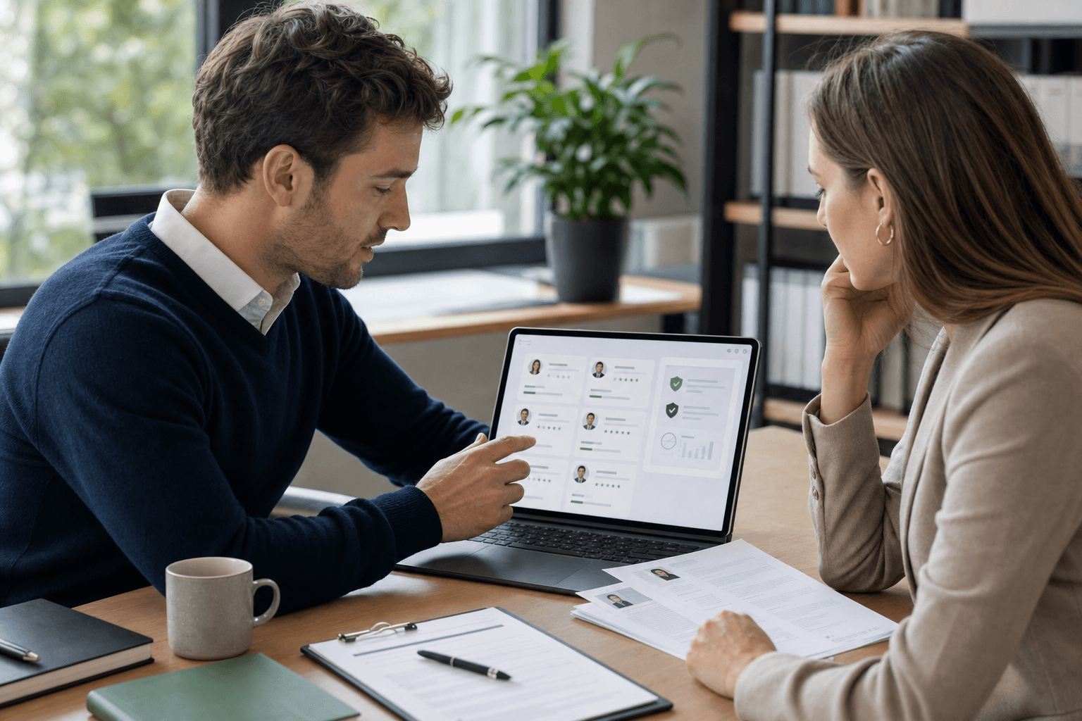 Two professionals reviewing a controlled AI workspace for sensitive documents.
